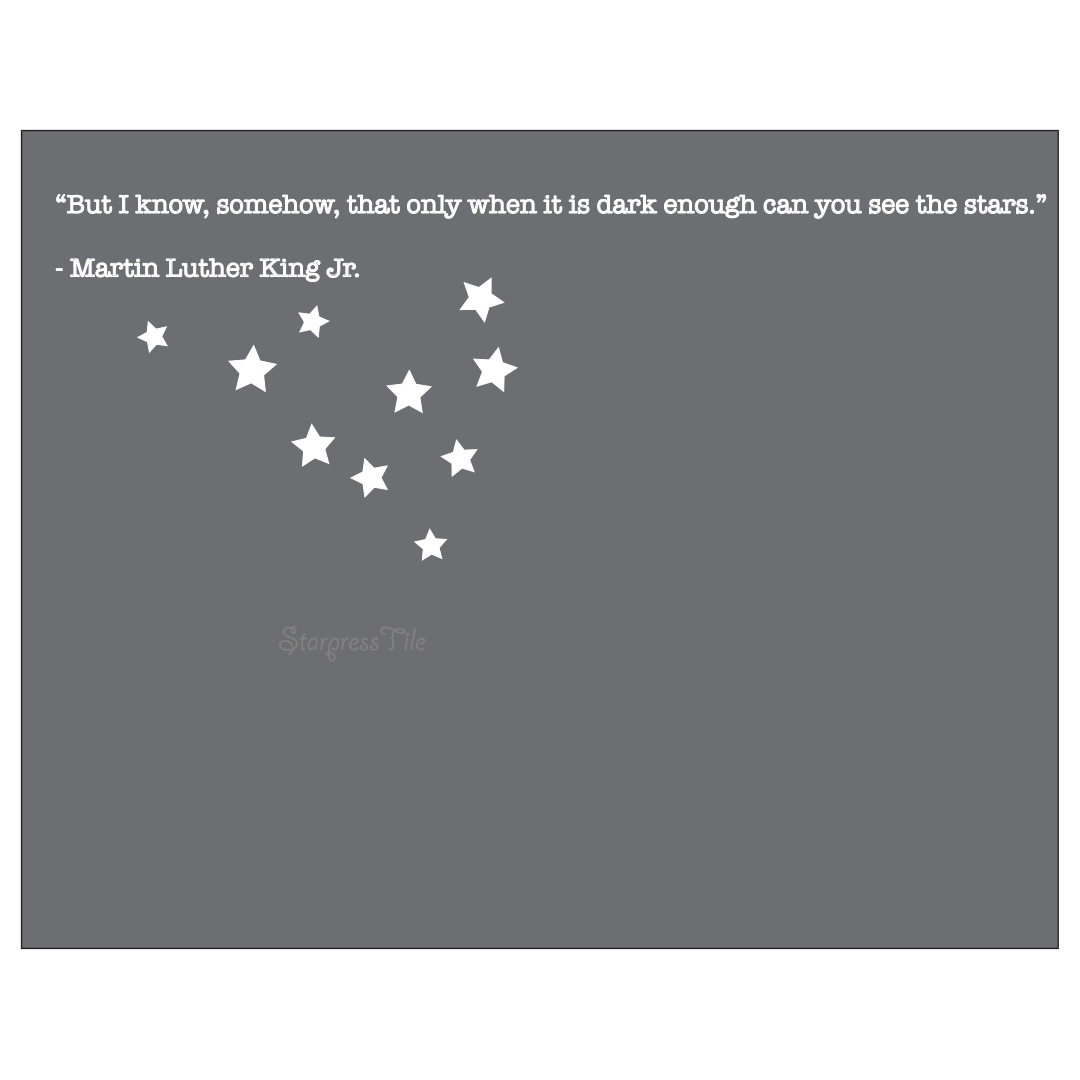 Quote by Martin Luther King Jr. on a dark gray background, accompanied by white stars, highlighting resilience and hope in adversity.