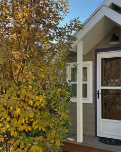 A cozy house corner is framed by a vibrant yellow-leaved bush, highlighting the welcoming entrance with a door and window under a clear blue sky.