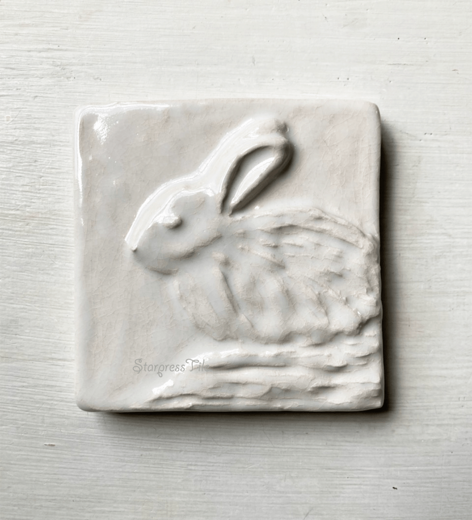 White Rabbit 4 inch sculptural tile.