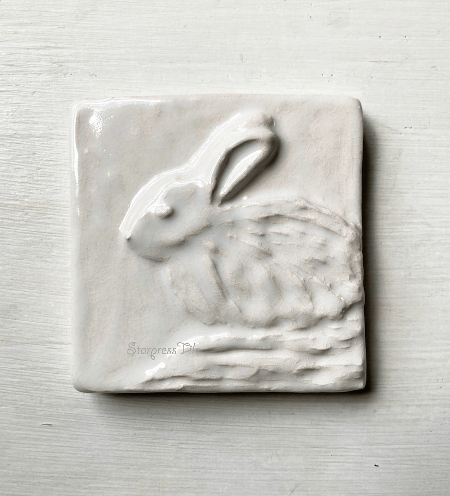 White Rabbit 4 inch sculptural tile.